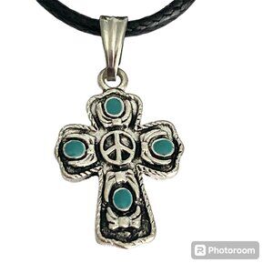 Vintage Cross Peace Sign Pendant Necklace Enamel Silver Plated 19" Southwestern
